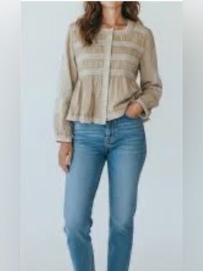 7 For All Mankind Beige Embroidered Cotton Top